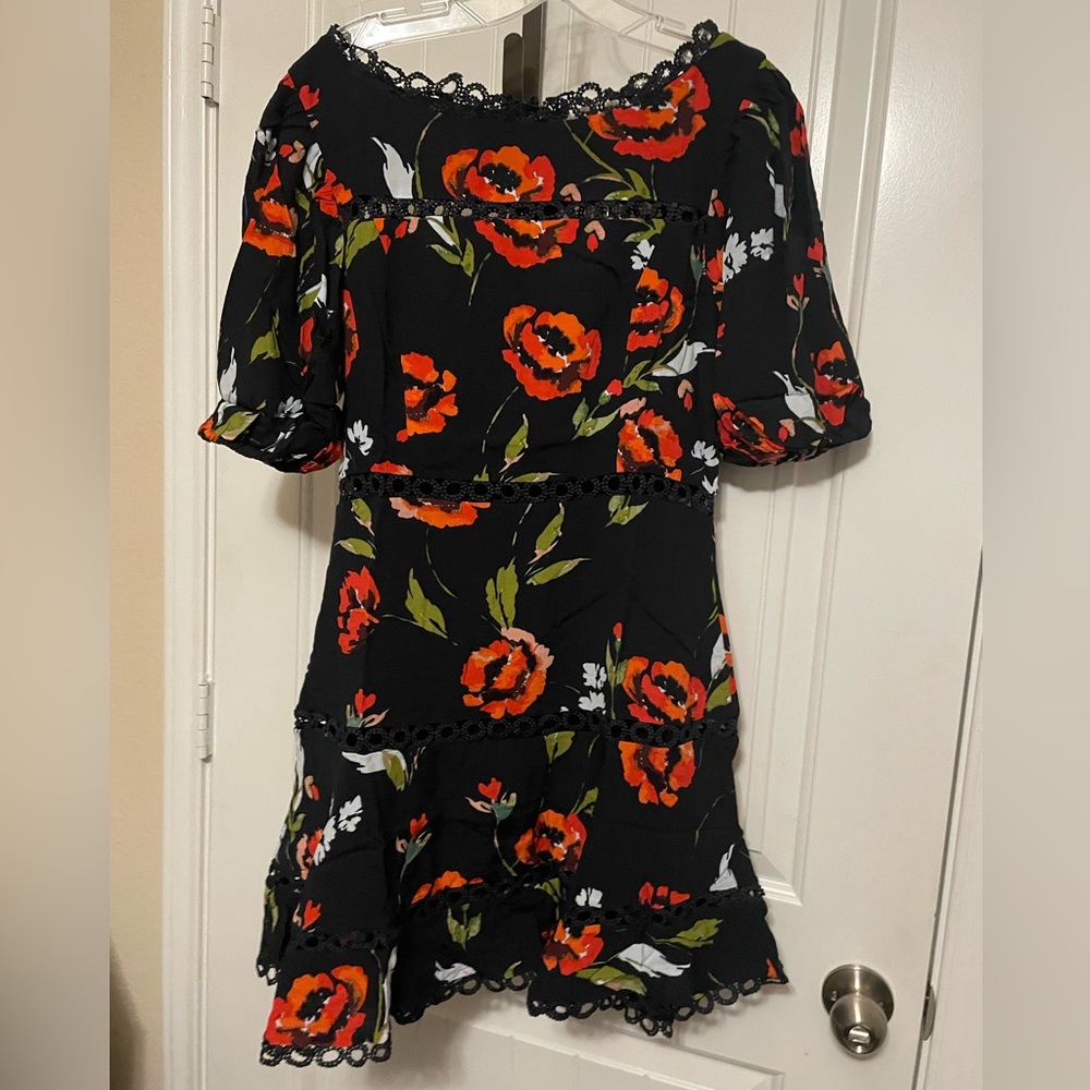 Olivaceous Black Mini Dress with Orange & Green Floral Print